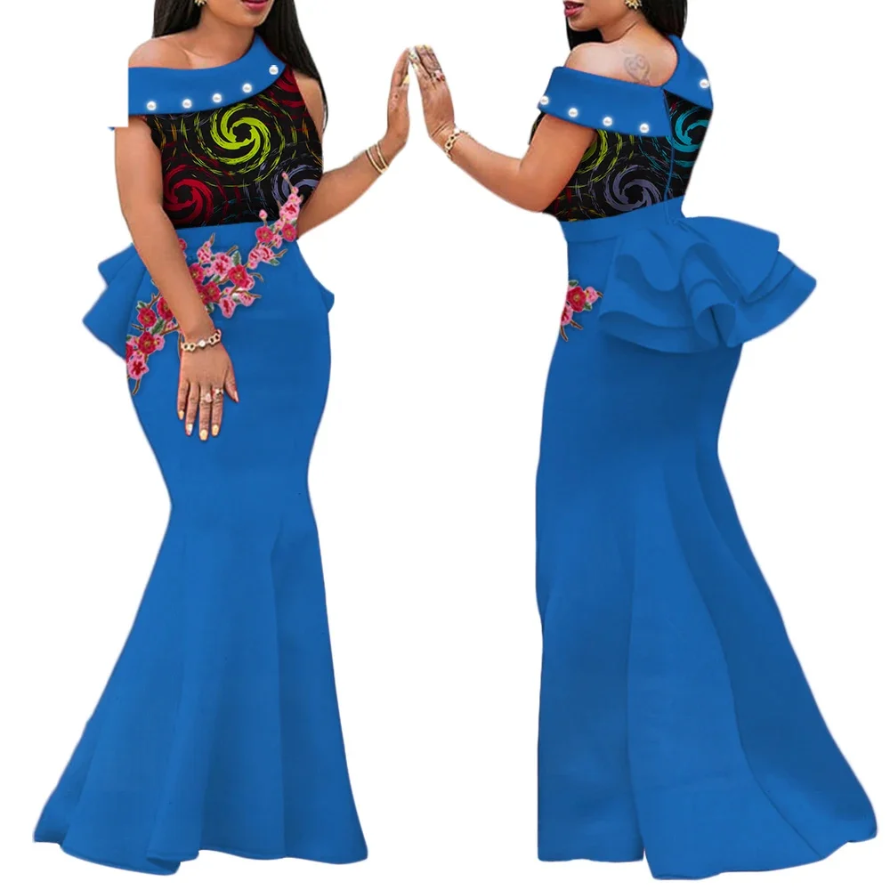 Ankara Nigerian Evening Dresses One Shoulder Blue Aso Ebi Style Wedding Party Dress African Formal Gown Plus Size