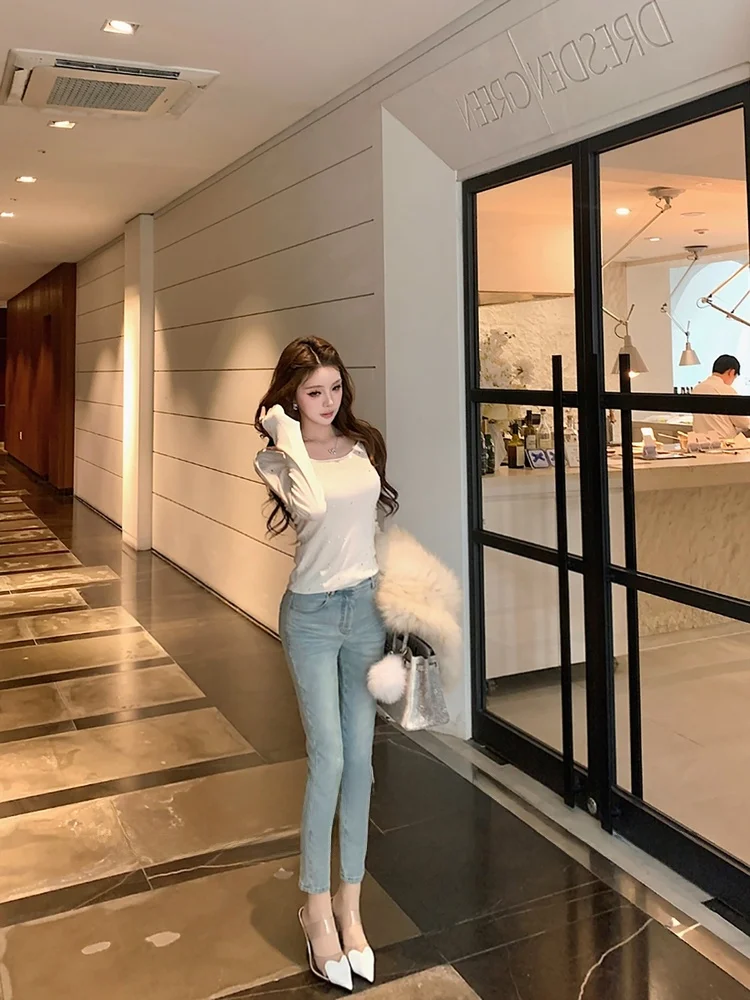 

Retro Light Blue High Waist Slim Fit Nine-Piece Women's Jeans Elastic Casual Pants Cotton Stretch Denim Cleanfit Style