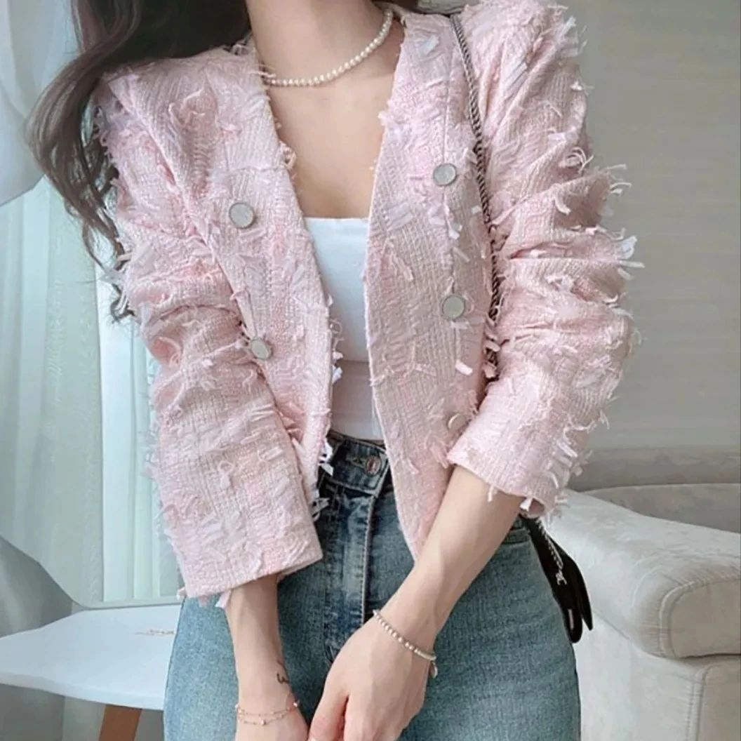 

2023 Spring New French Style Pink Tassel Fragrant Coat Women's Short Double Breasted Jacket Casaco Outwear