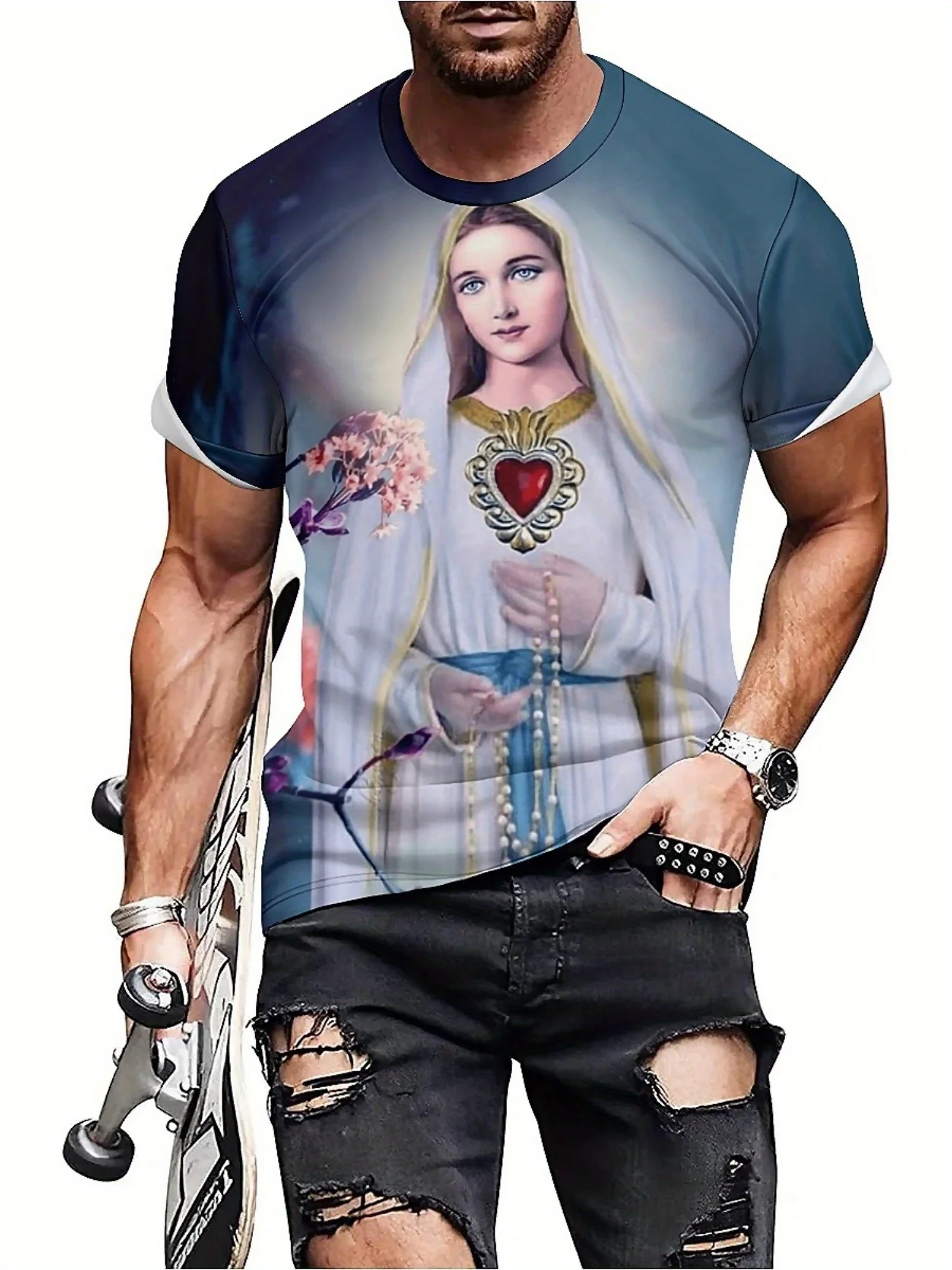 ثلاثية الأبعاد طباعة يسوع تي شيرت الرجال الصيف مثير ثلاثية الأبعاد طباعة الدينية تي شيرت البوليستر متماسكة الجولة الرقبة قصيرة الأكمام المحملة