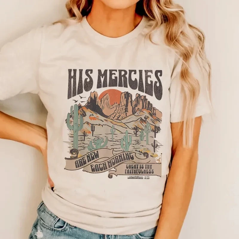 His Mercies Bible Verse Christian Graphic Tees Vintage Boho Tops Short Sleeve Western T Shirt for Women Grunge