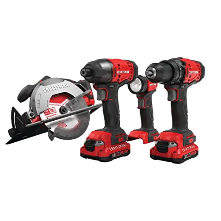 V20 MAX Cordl Power Tool Kit, Circular Saw with 6 1/2 inch Blade, 1/4 inch Impact Driver, 1/2 inch Drill/Driver, LED Task Light