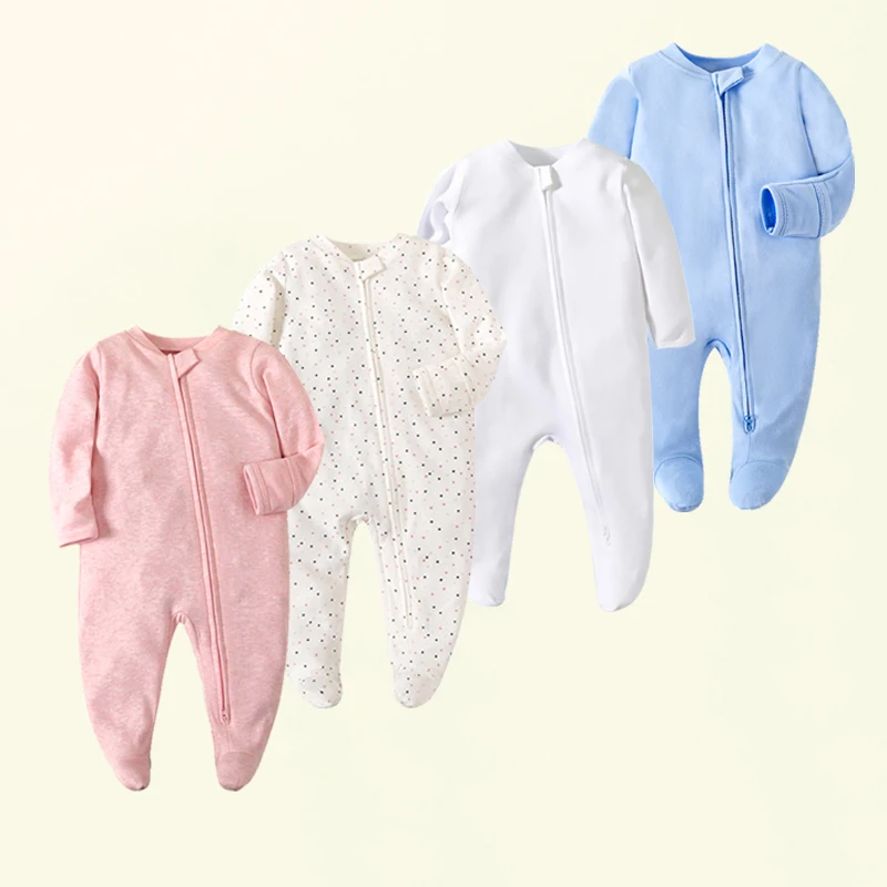 Newborn Baby Clothes Footed Pajamas Zipper Girl and Boy Romper 0-12 Months Soft Cotton Solid White Fashion Long Sleeve Jumpsuit