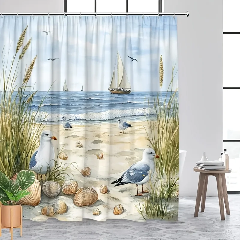A Watercolor-style Seaside Vacation-themed Shower Curtain, Featuring Beach, Seagull, and Sailboat Elements That Create a Waterco