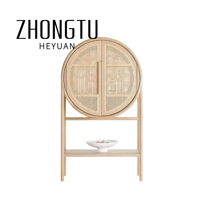 Nordic Dining Room Solid Wood Cutlery Lockers Modern Creativity Round bar Rack Cabinet Rattan with Wine Storage Design Custom