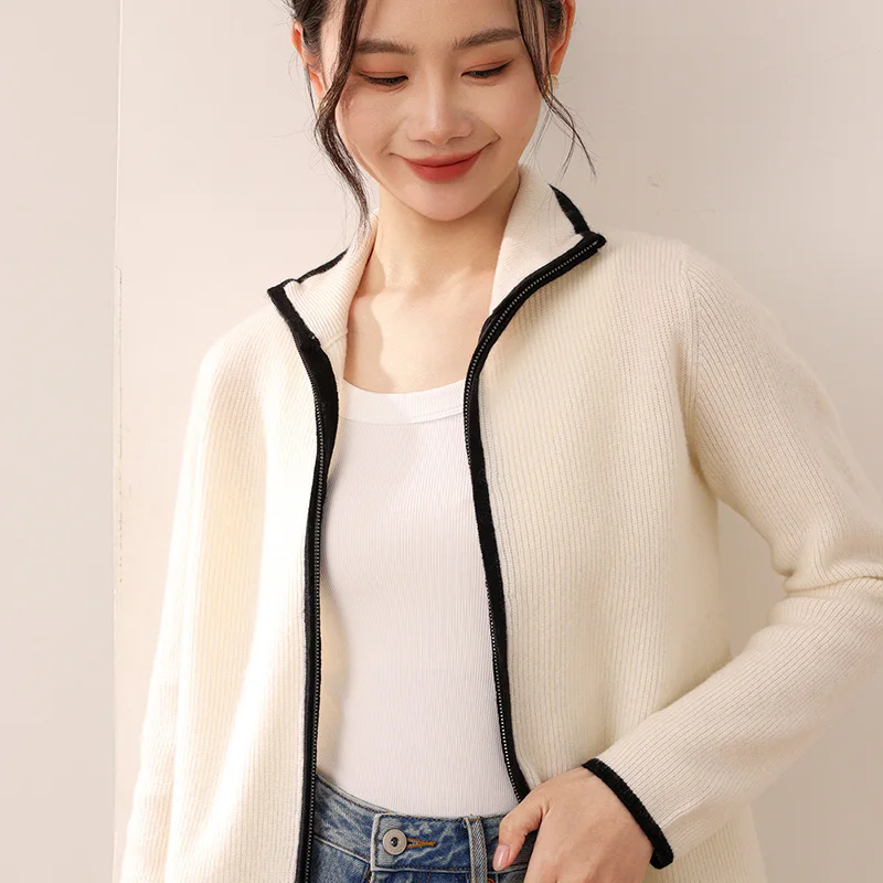 Spring Autumn 100% Wool Women's Fashion Mock Neck Knit Jacket Simple and Elegant in Style Versatile Open-Cardigan Wool Sweater