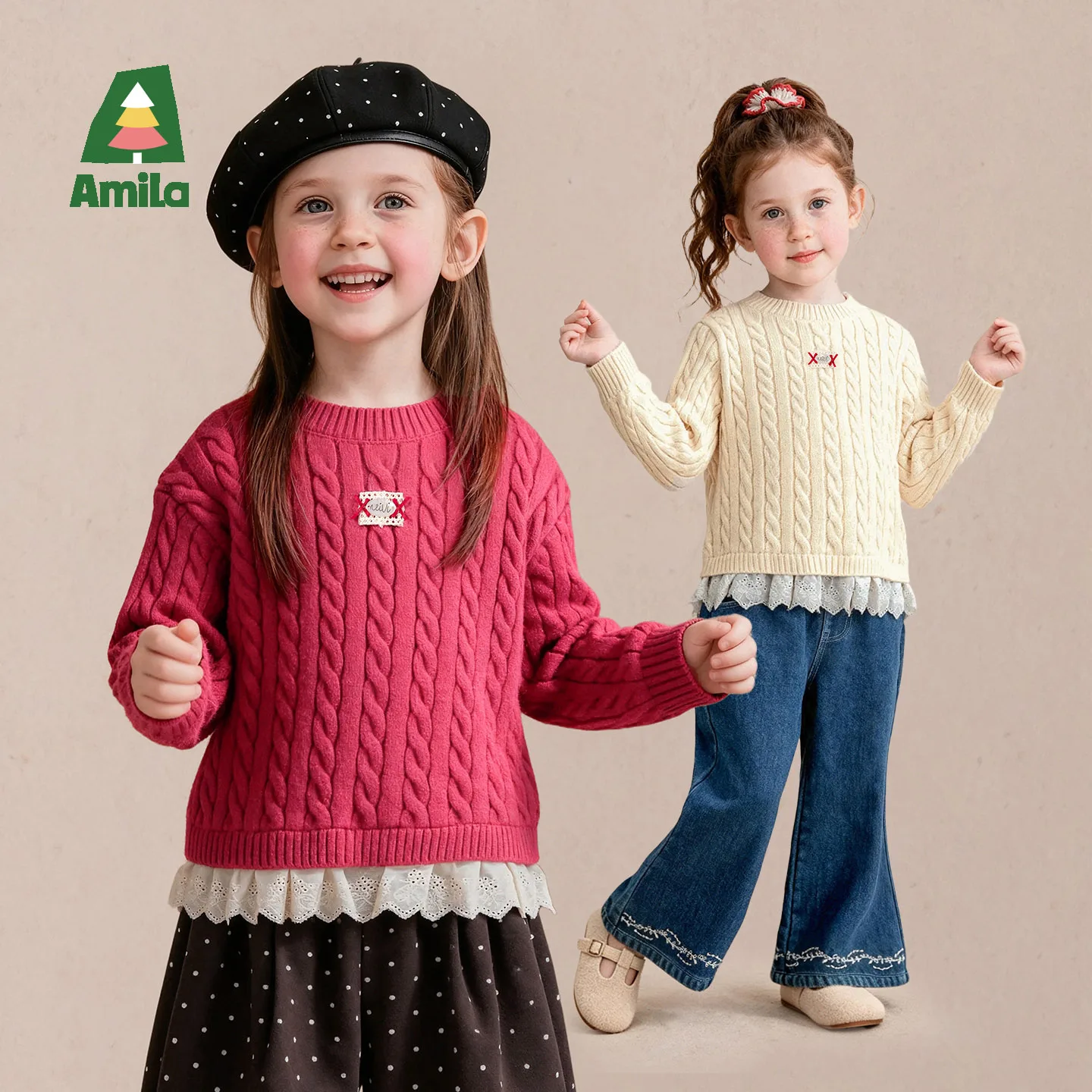 Amila 2026 Winter New Kids Cardigan Sweater Red Knitted Cardigan Vintage Warm Extra Soft Cozy Comfortable Daily Knitted Top