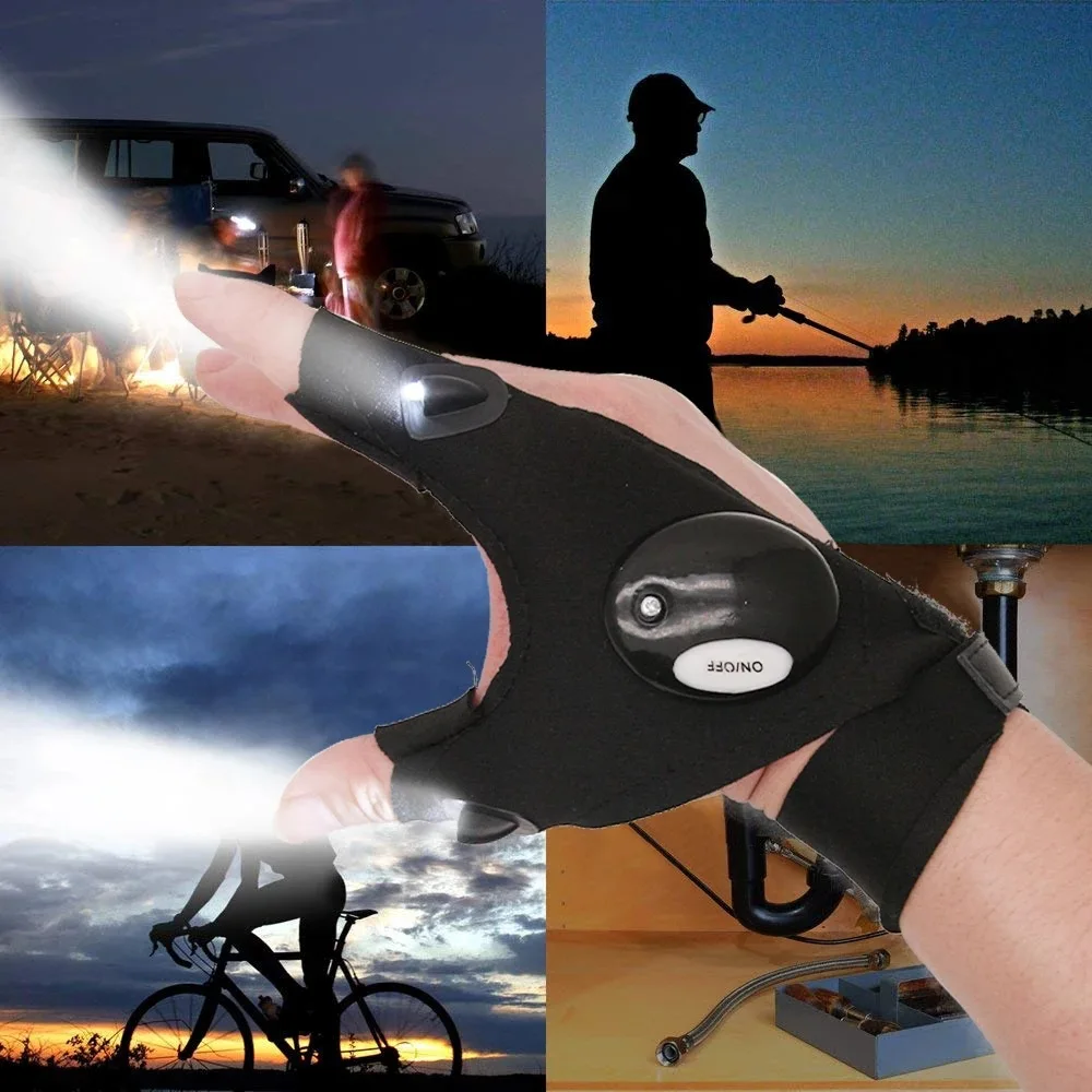 Guantes sin dedos con correa mágica para pesca al aire libre, linterna LED, cubierta de antorcha, supervivencia, Camping, senderismo, ciclismo, herramienta de rescate