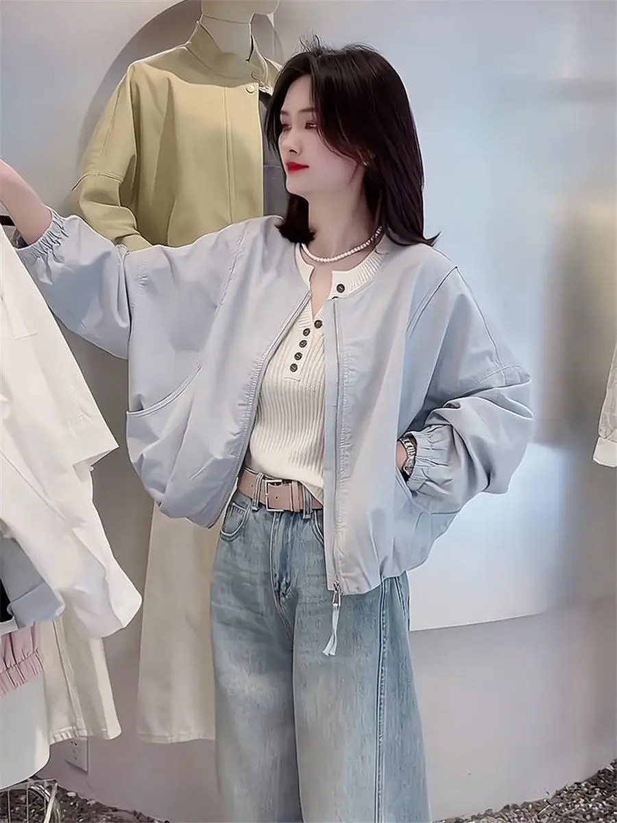 Women's round Neck Short Jacket Thin Casual Style Spring New Korean Beautiful Matching Baseball Coat Top Breathable Long Sleeve