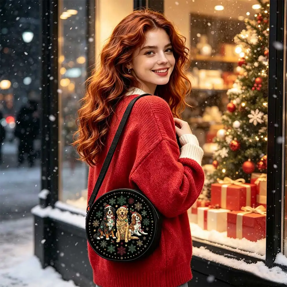 Christmas dogs snowflakes Print Round Women Shoulder Bag, leisure crossbody purse, 2D flat, retractable strap, practical gift