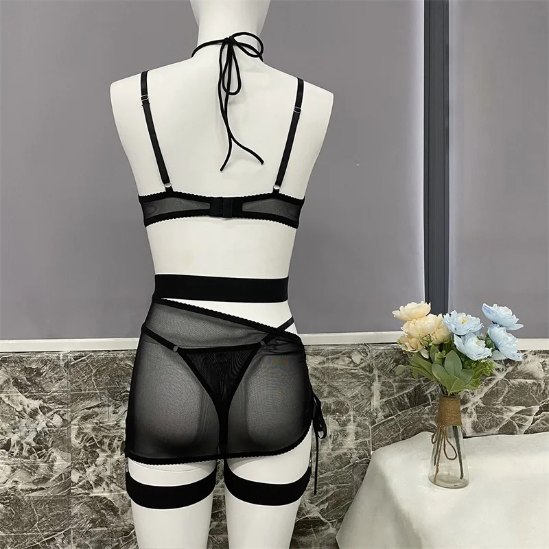 Aduloty Women Lingerie Fashion Bra Straps Cross Hanging Neck Sexy Mesh Half Skirt Hollow Perspective Out Erotic Underwear Set