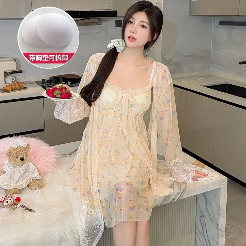 2026 Summer 2PCS Sexy Lace Lingerie Mesh Print Nightgowns Robes Sets for Women Bathrobe Sleepwear Nightdress Night Dress Nighty