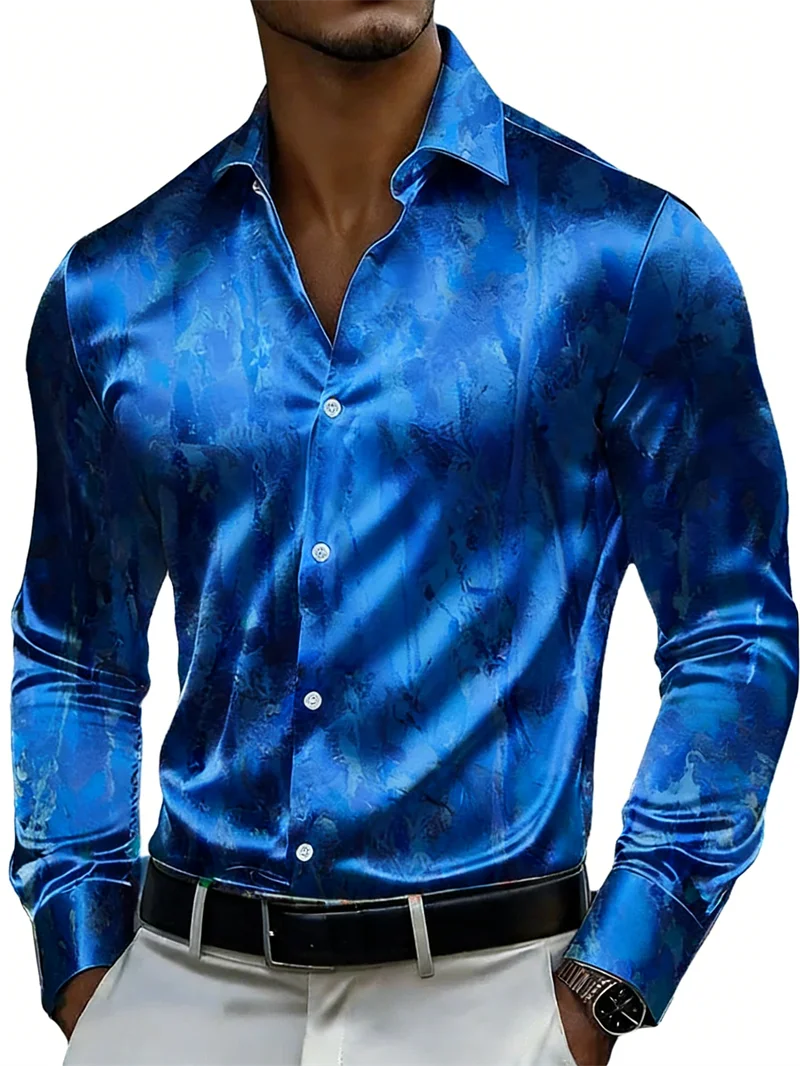 New men's long sleeved shirt with ink pattern 3D printing design, men's lapel button high-definition casual top