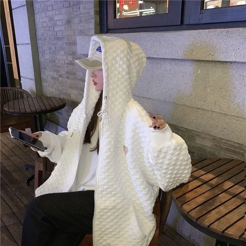 Autumn Winter New Waffle Women Jacket Coat Sweatshirts Korean Fashion Harajuku Loose Zip Up Hoodie Hoodies Y2k Streetwear Women