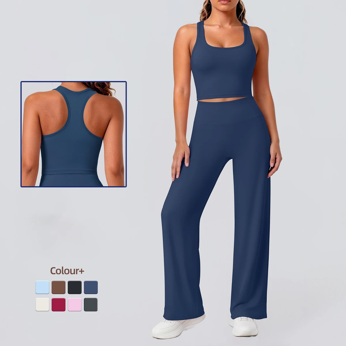 Solid Color Workout Gym Yoga Set for Woman Sexy Backless Gather I-shaped Vest Fitness Sports Loose Wide Leg Pants Yoga Set
