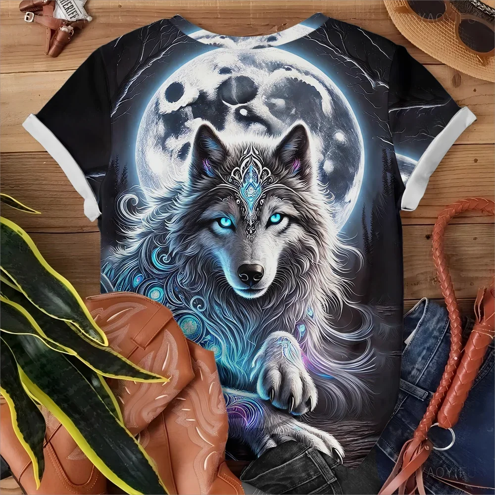 T-shirt col rond femme, imprimé en 3D, motif loup, Hip Hop Street Harajuku Plus Street, manches courtes noires, Streetwear Y2K, nouvelle collection