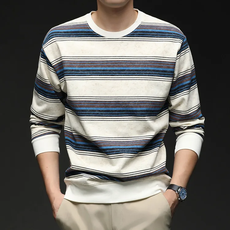 

Хлопок, 44,5% полиэстер, 55,5%, мужская футболка в контрастную полоску с круглым вырезом в стиле ретро, топы, осень 2023, высококачественная футболка с длинными рукавами