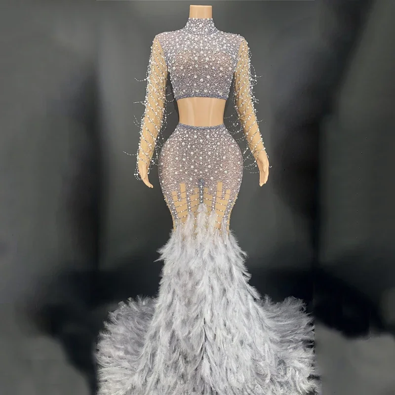 หลากสีเพลส ไดมอนด์ชุดยาวเซ็กซี่ขนยาวชุดราตรีวันเกิดเฉลิมฉลองชุดผู้หญิงเวทีชุดราตรี XS5035