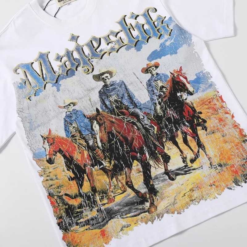 Majestik Skull Denim Crew Neck T-Shirt Men's Women's Summer Loose-Fit Casual Short-Sleeve T-Shirt