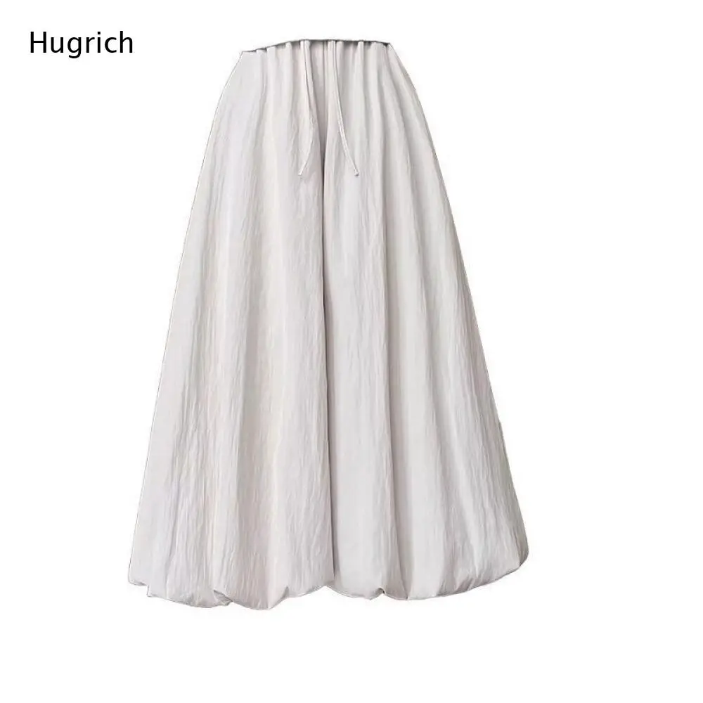Off White Textured Flowy A Line Skirt Elastic Drawstring Waist Casual Bubble Maxi Skirt for Everyday Use