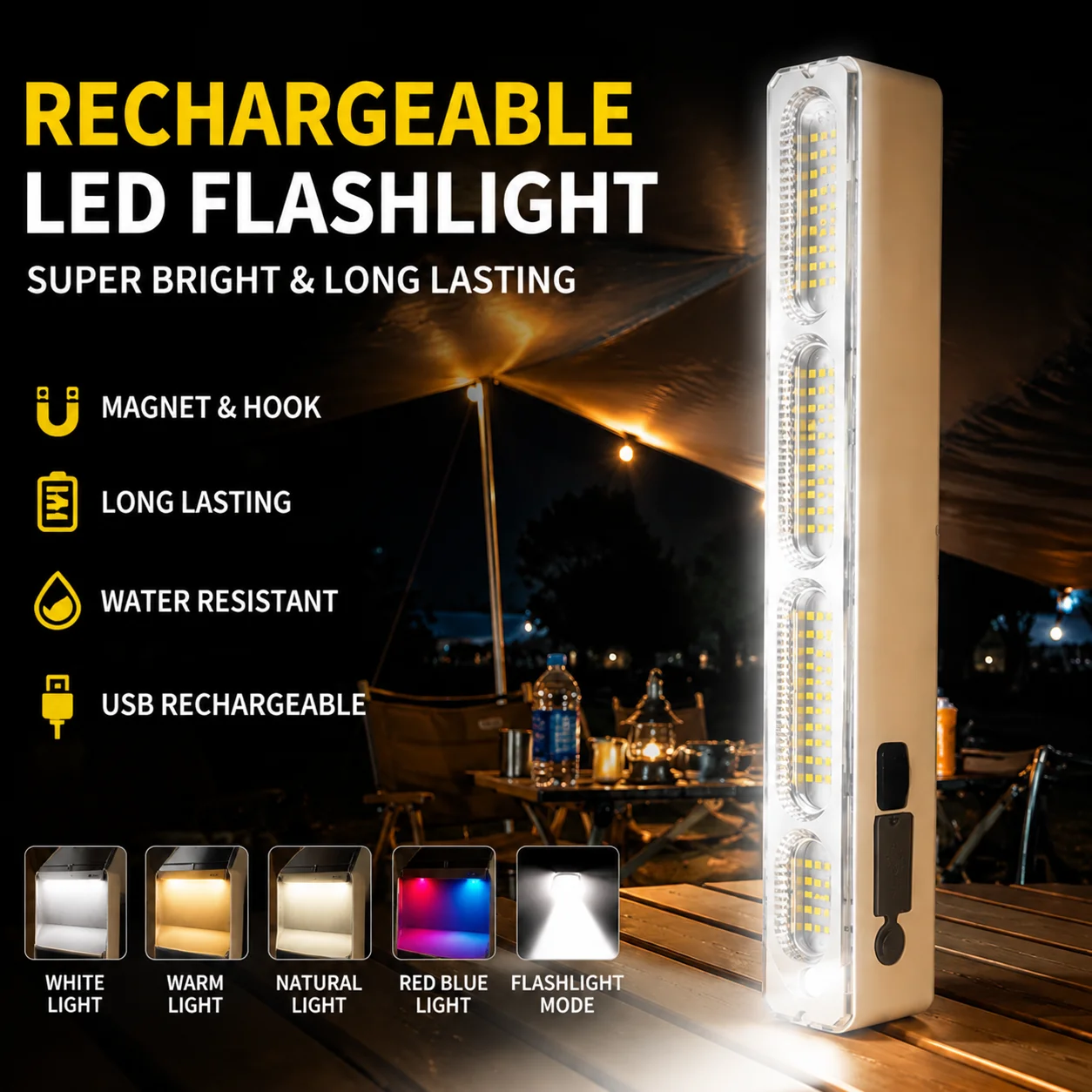 22/32/42cm Portable Camping Lamp Rechargeable Magnetic Light Tube with Hooks High Brightness Flashlight for Car Repair Outdoor