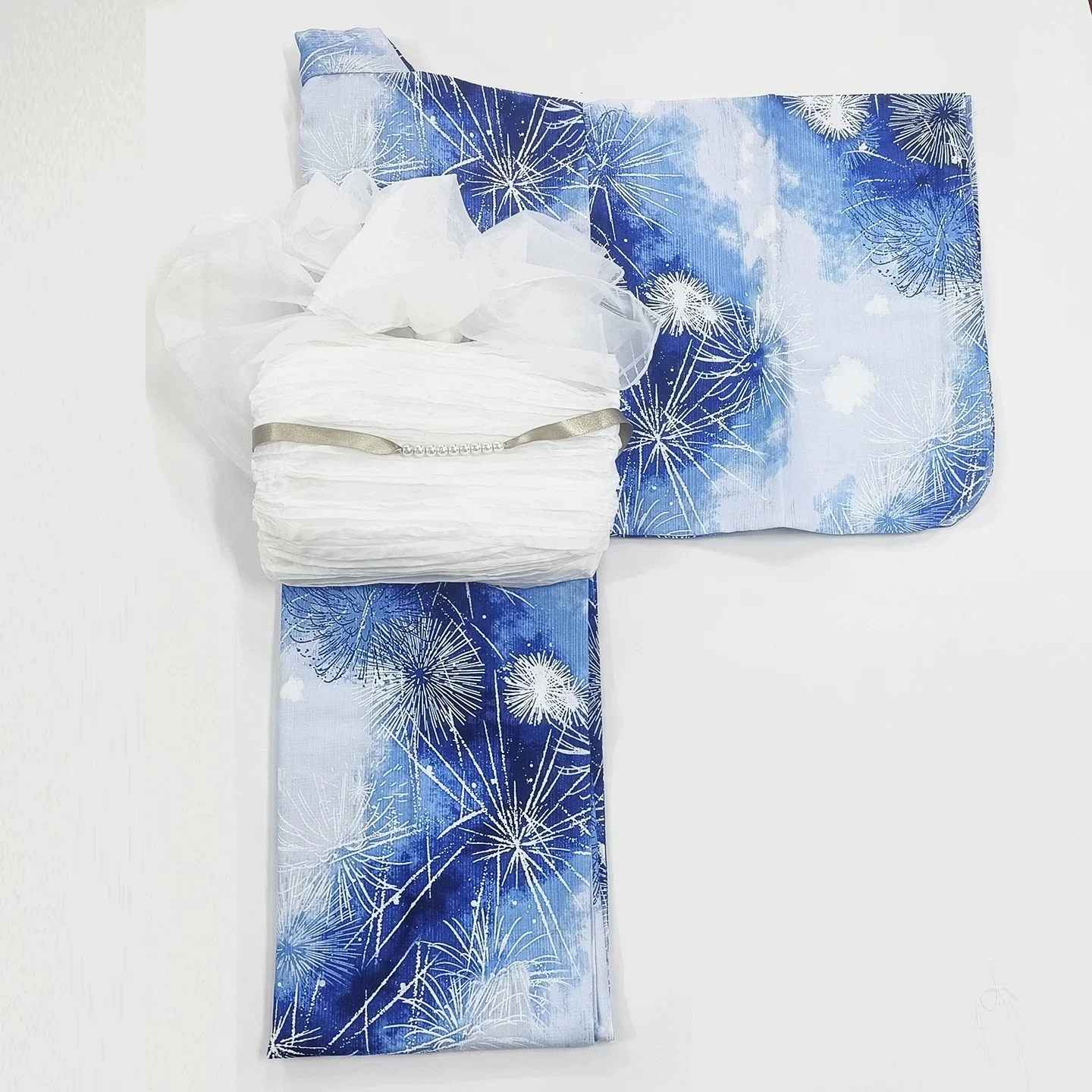 Women's Blue Firework Pattern Japanese Yukata Kimono-Style Long Robe Ideal for Travel Photography