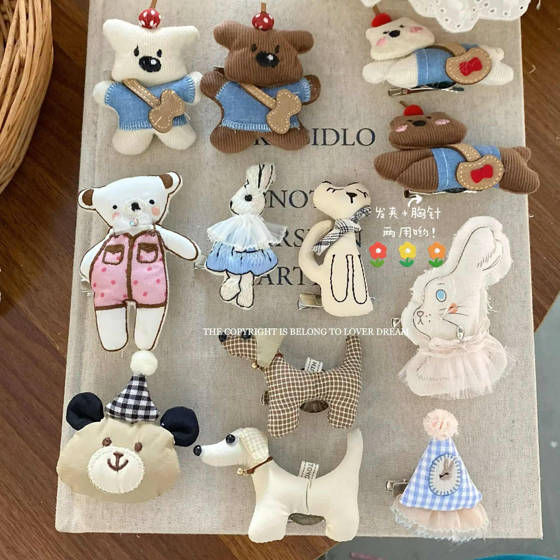 Fabric Doll Bear Rabbit Brooch Dual Use As Duckbill Clip for Women Sweet Cute Korean Style Premium Lightweight