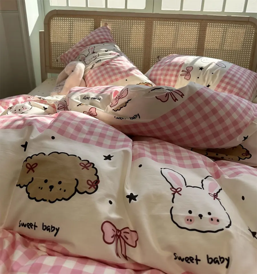 

Fashion cute rabbit pink plaid bedding set kid teen,twin full queen king cotton home textile bed sheet pillow case quilt cover