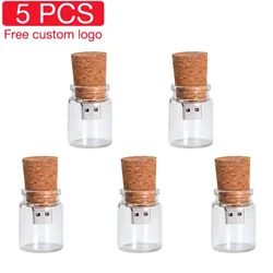 JASTER – lot de 5 bouteilles USB 2.0 en verre avec lecteur Flash en liège, 4 go, 8 go, 16 go, 32 go, 64 go, cadeau de mariage