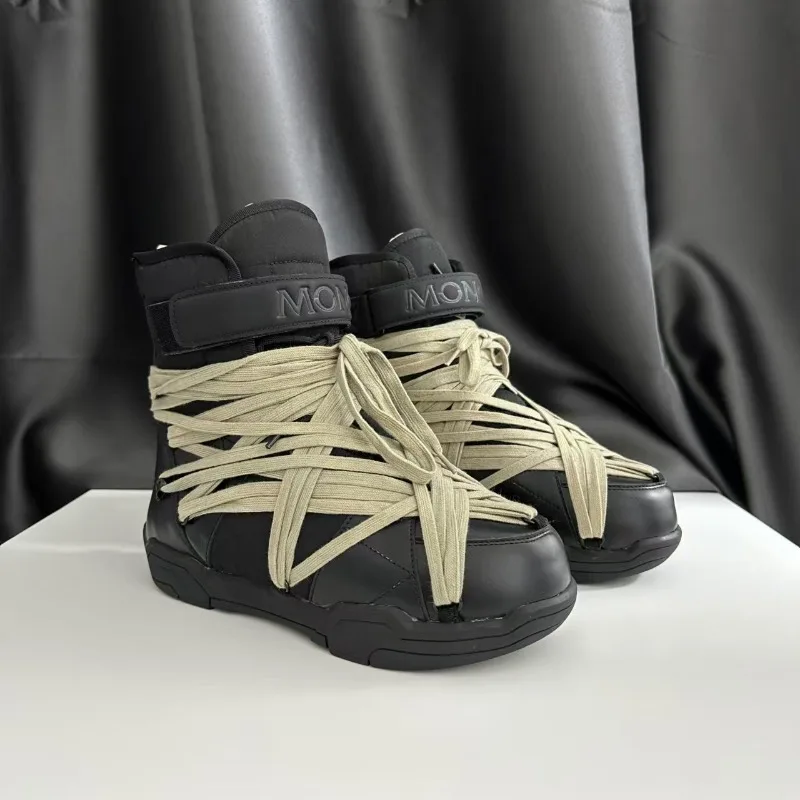 Unisex Strappy Mid-top Winter Boots 2026 Lace-up Magic Tape Round Toe Warm Outdoor Footwear European Ins Style Plus Size Black