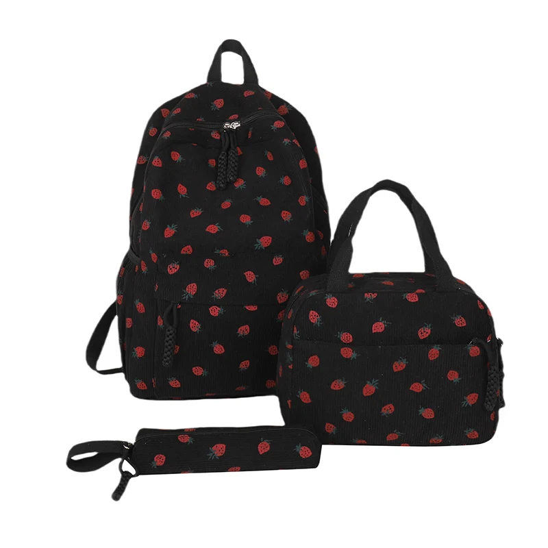 Three-Piece Corduroy Cute Backpack with Lunch Bag & Pencil Case Kawaii Backpack Large Capacity Simple Backpack Set Trip Backpack