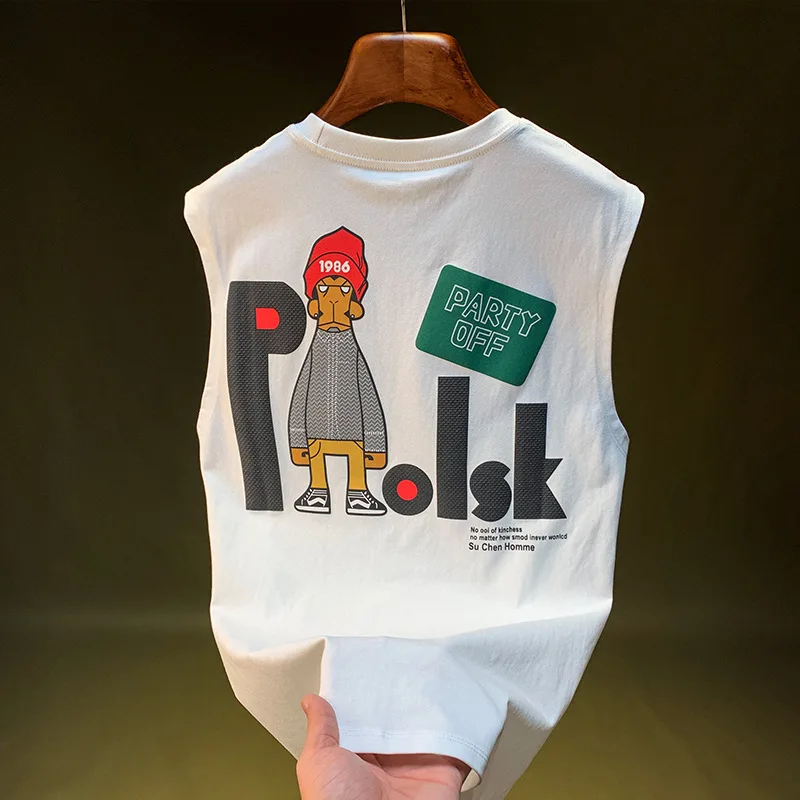 سترة صيفية للرجال عصرية مطبوعة بدون أكتاف بدون أكمام تي شيرت 2025 جديد فضفاض وممتص للعرق ملابس رياضية قابلة للتنفس