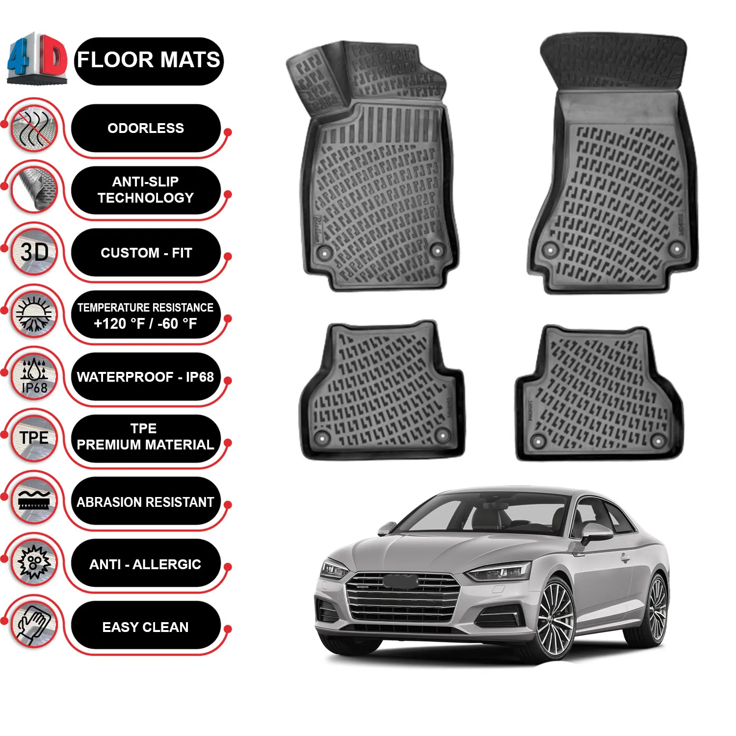 Audi A5 - (2016-2022) Floor Mats Liner Waterproof 3D - (Black)