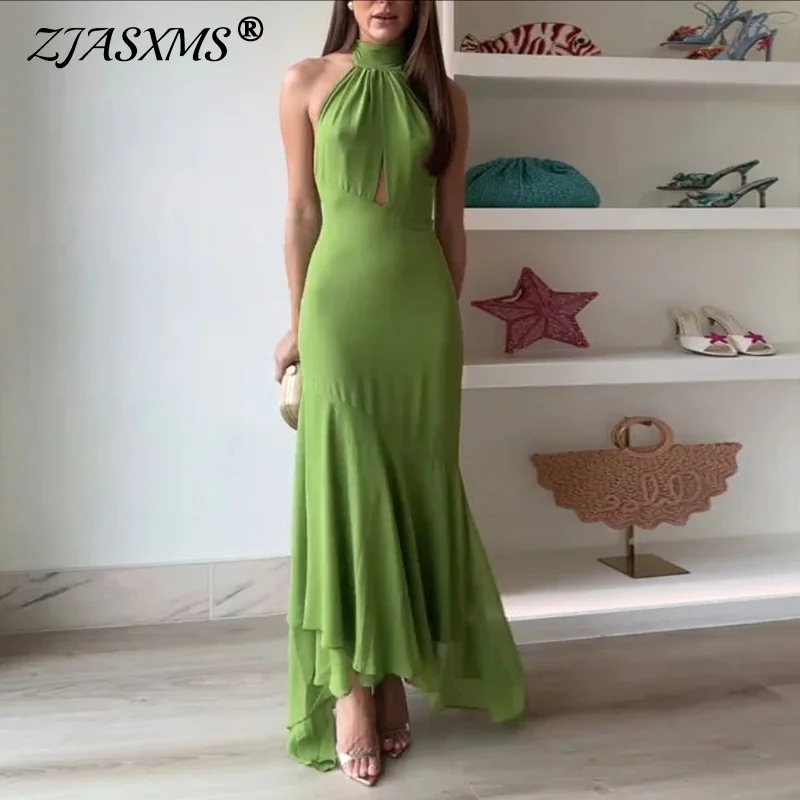 Spring Turtleneck Lace Up Evening Dress Woman Elegant Solid Slim Ruffle Irregular Dress Summer Backless Hollow Boho Long Dresses