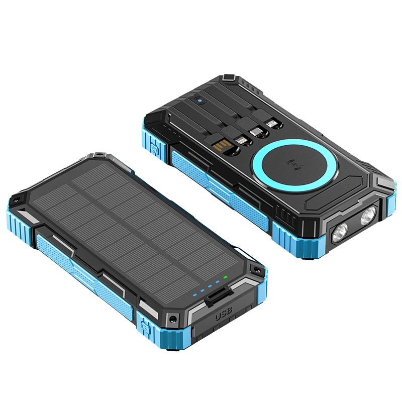 KAKAS Brand Real 20000mAh Solar Panel Power Bank with Built-in 4 Cable And Camping Light Portable External Battery Powerbank