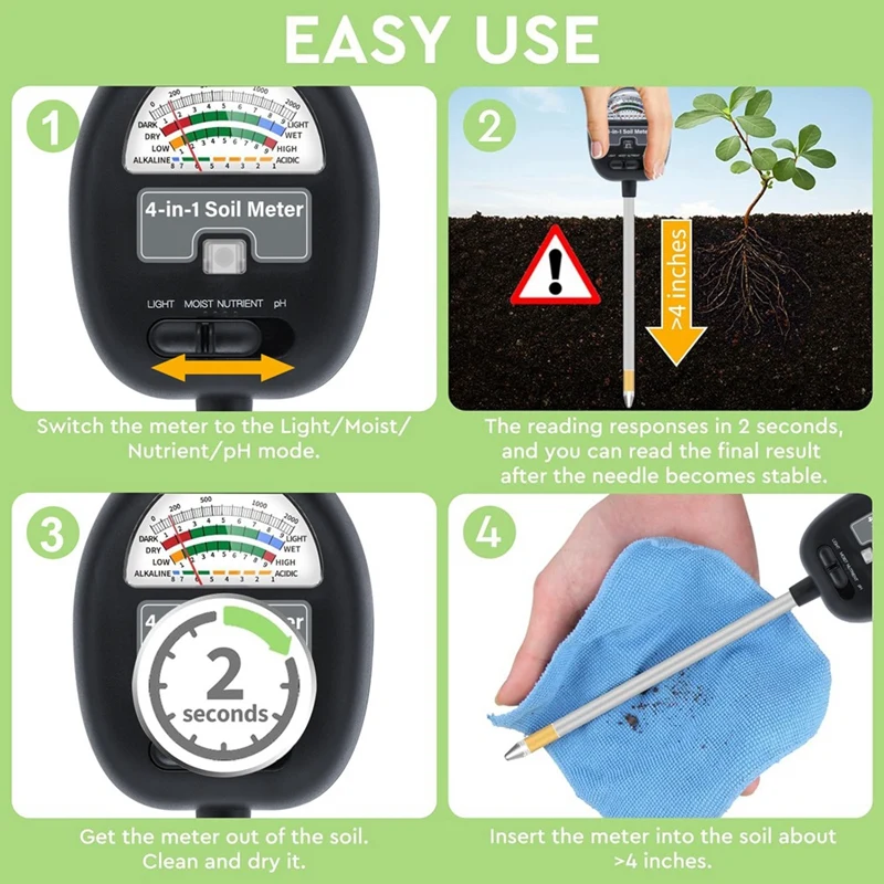 Hot Sale 4-In-1 Soil Moisture Meter Soil PH Meter Soil Water Meter Soil Tester For Moisture For Garden/Farm/Plants
