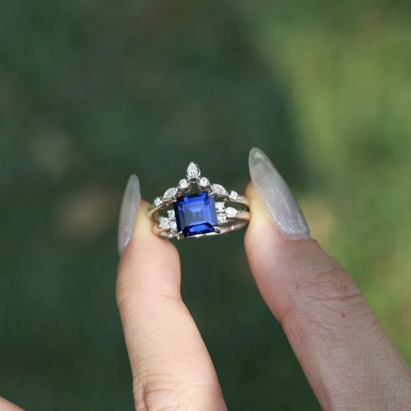 

Delicate Silver Color Square Geometry Ring for Women Set Fashion Metal Inlaid Blue Stones Ring Jewelry