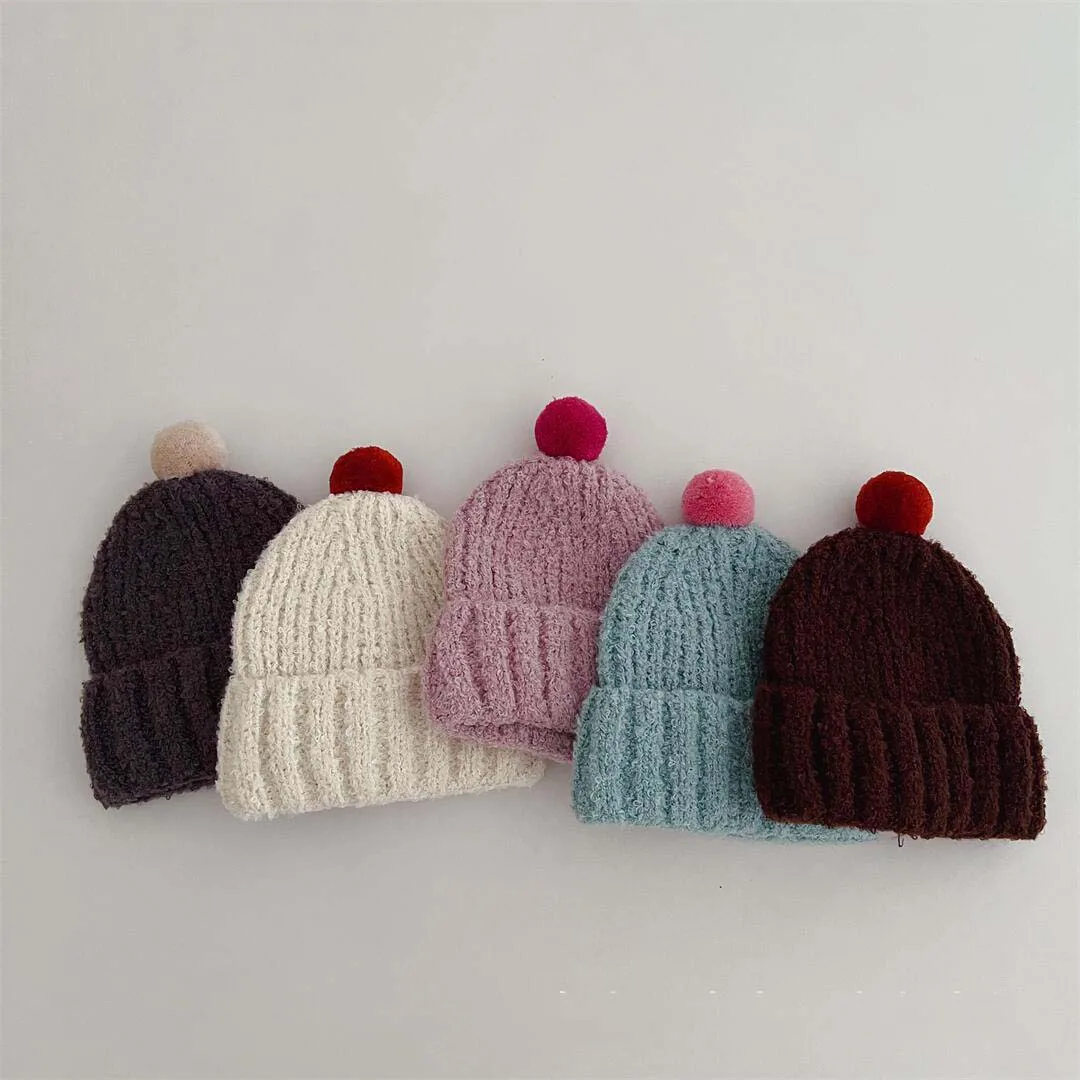 Cute Pom Pom Kids Hats 2023 Spring Autumn Kids Knit Hat Soft Elastic Baby Bonnet Caps For Girls Boys Kids Accessories