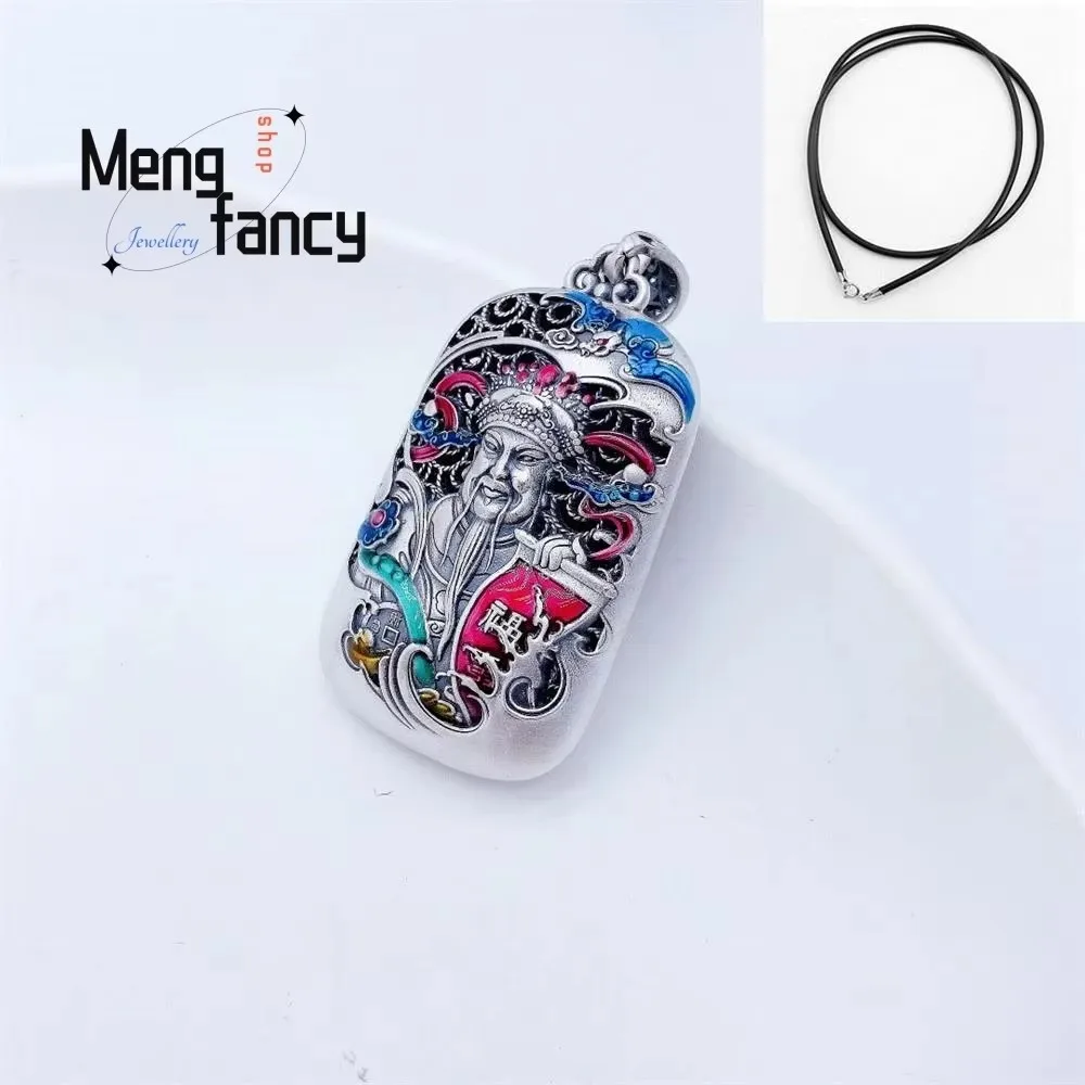 

Sterling Silver 999 Enamel God of Fortune Pendant Double-sided Openwork Filigree Craft Blessing Lotus Exquisite Fashion Jewelry
