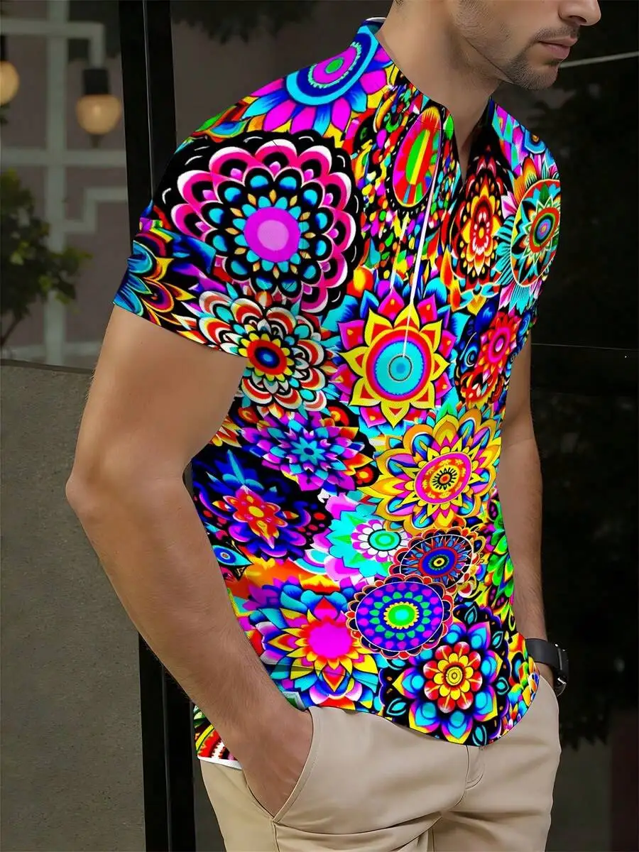 

Mens Casual Stand-Up Collar Shirt 3D Floral Mandala Print Loose Fit Breathable Summer