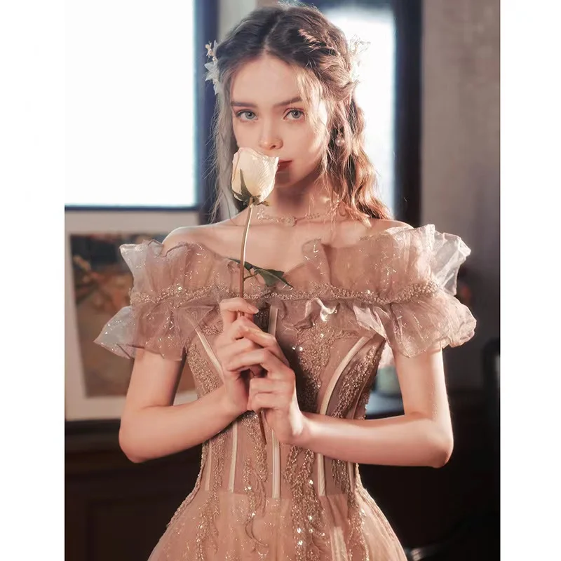 

Luxury Pink Evening Dresses Slim Boat Neck A-Line Off Shoulder Shiny Lace Applique Sequin Beaded Bandage Formal Prom Party Gowns