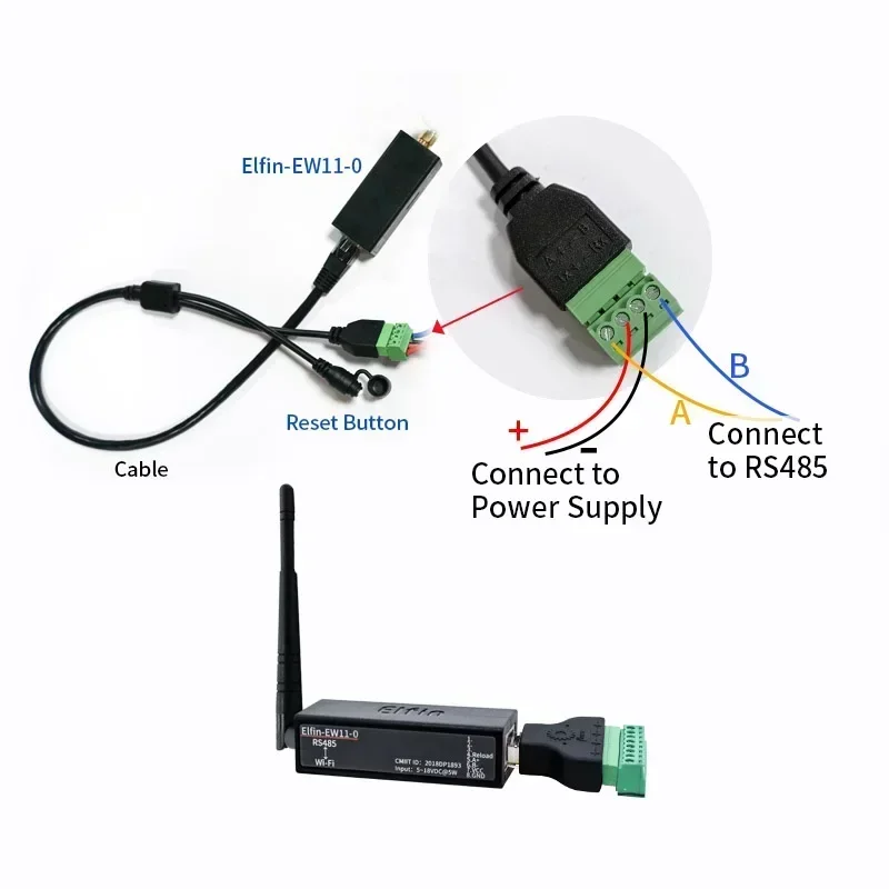 Elfin-EW11A-0 무선 네트워킹 장치, Modbus TPC IP 기능, RJ45 RS485-와이파이 직렬 서버 DTU, 5 ~ 36V