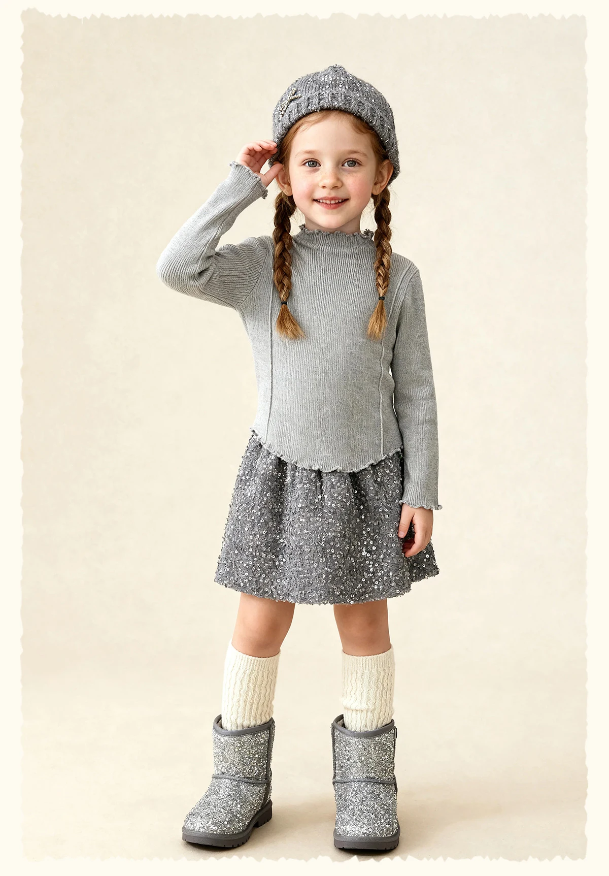 Amila Kids 2026 Winter Mädchen Strickshirt Top Grau Rosa Reisrot Schwarz Rüschen Halbhoher Kragen Weich Nicht hautverletzend – Detail 14