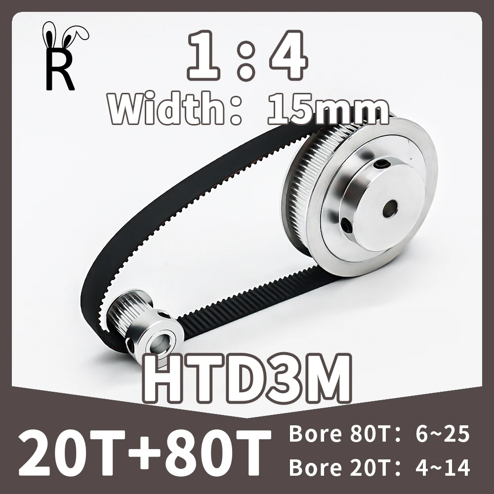 

80T 20T HTD 3M Timing Pulley Set Belt Width 15mm Rubber Belt Pulley Kit HTD3M Synchronous Wheels Set 80Teeth 20Teeth 3M Belt Set