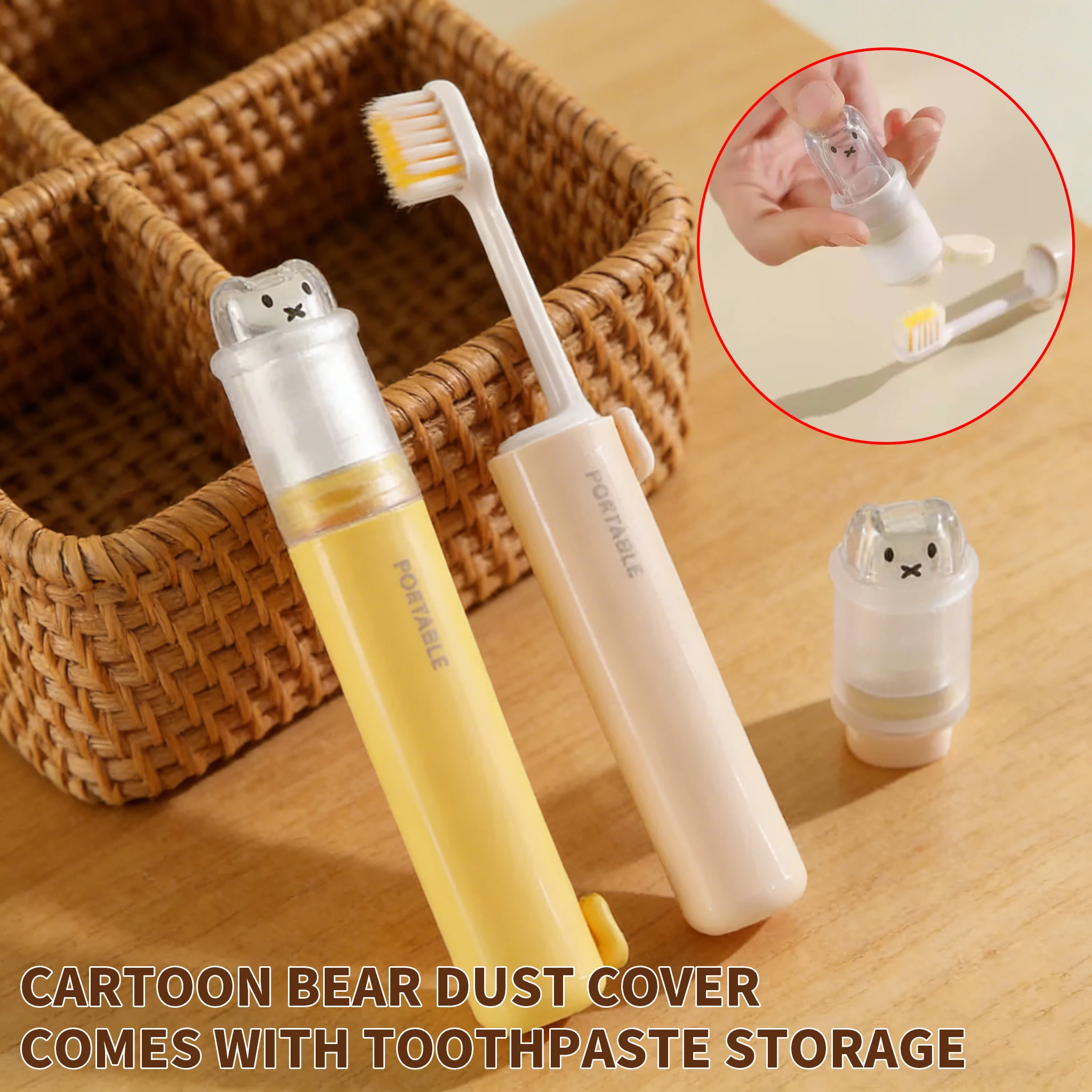 

Милая складная дорожная зубная щетка 2-в-1 с мягкой щетиной, портативным отсеком для зубной пасты и пылезащитным колпачком в виде медведя, цвета макарон