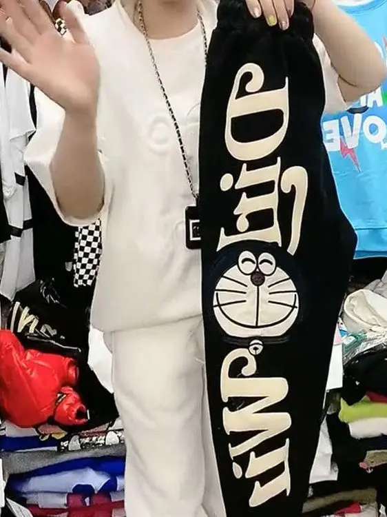 plus Size 300 Pou Hello Kit Blue Fat  Floing Print Casual Pants Cuffed Nine Point Sweatpants Women Fat MM