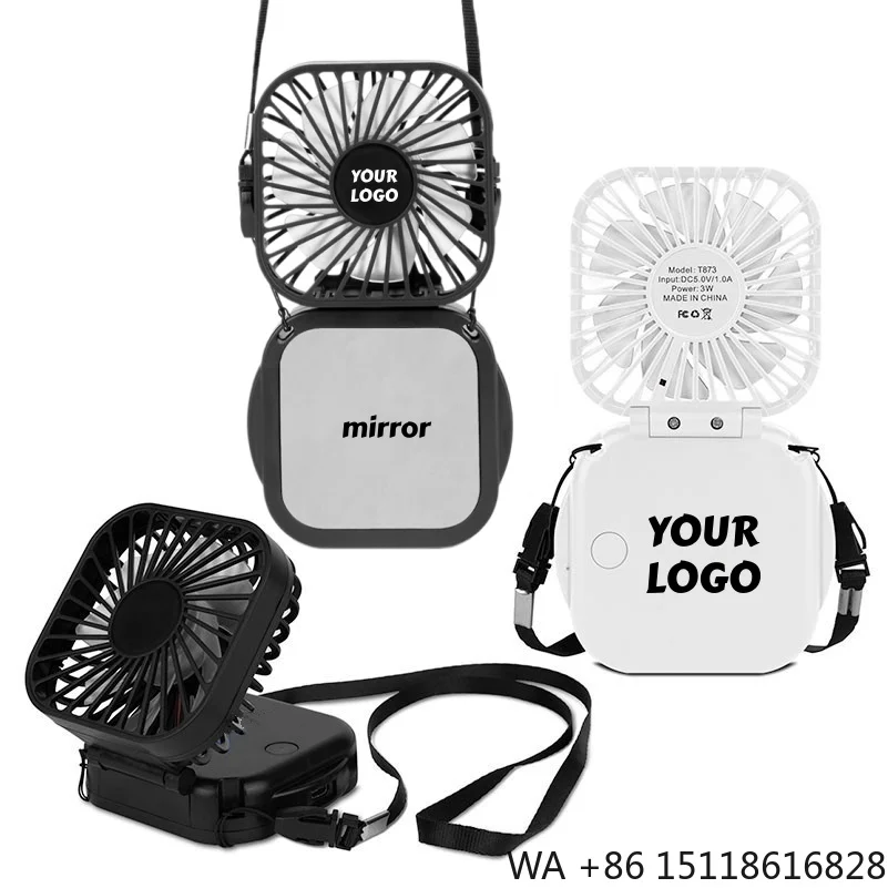Custom USB 500mAh Handheld Foldable Portable Quiet Neck Fan with Mirror Pocket Fan for Desk Outdoor Mini Personal Cooling Travel