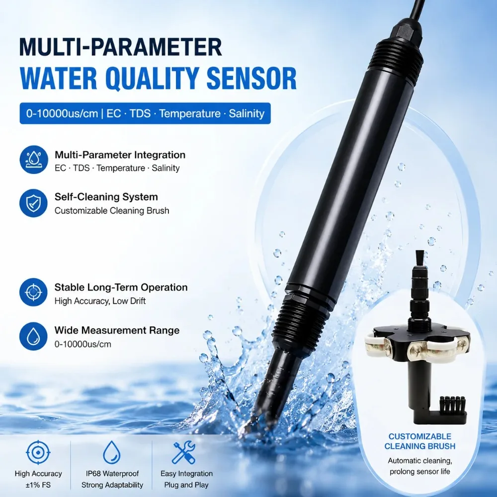 0-10000 uS/cm Multi-Parameter Water EC TDS Temperature Salinity Sensor with Cleaning Brush for Long Term Monitoring