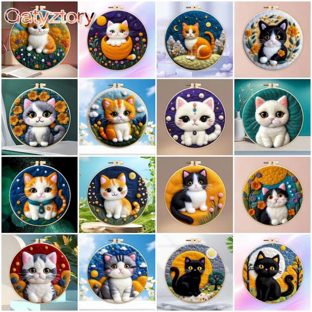 

GATYZTORY DIY Wool Felting Painting Kit With 20x20 Frame Complete Kit Animals Cat Handmade Needle Wool Painting Picture Gift