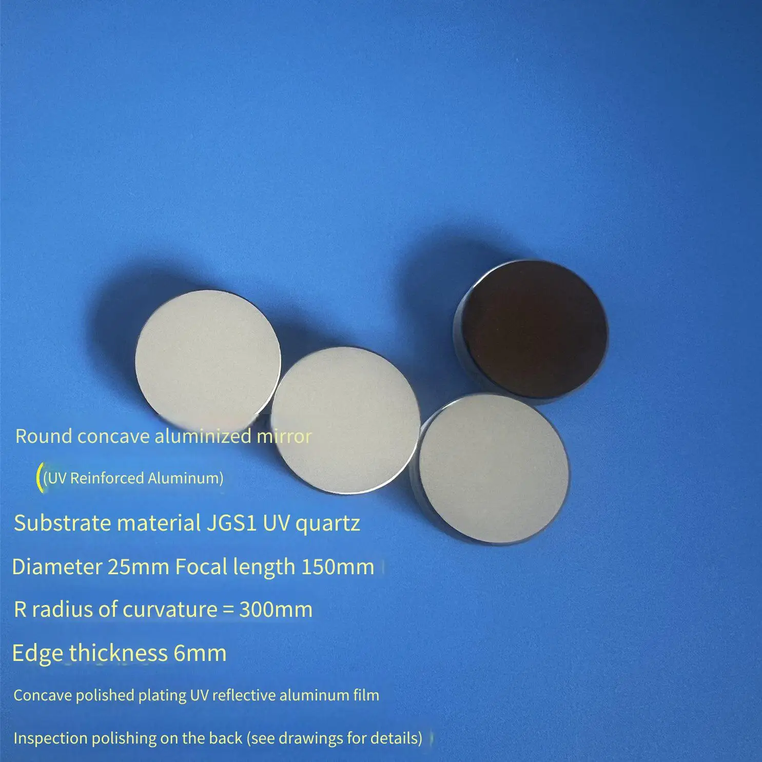 Focal Length 150mm, Concave Reflecting Mirror, Ultraviolet Focusing Reflecting Mirror, Diameter 25mm, Length 300mm